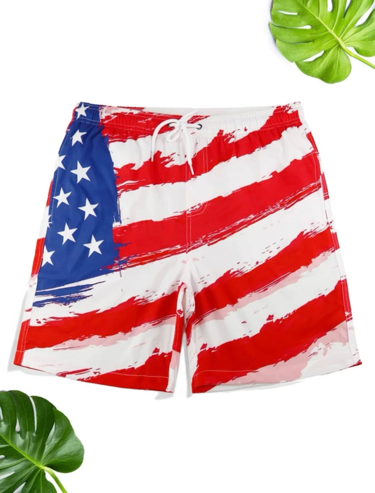 Men American Flag Print Drawstring Waist Swim Trunks