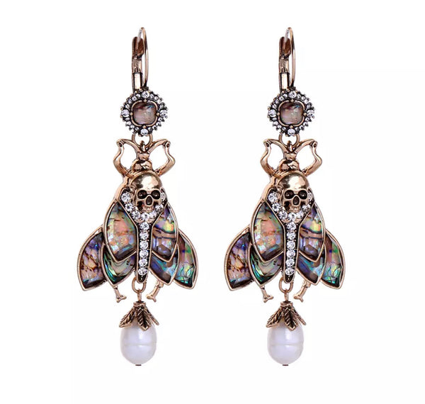 Insect and pearl abalone inspired drop earrings