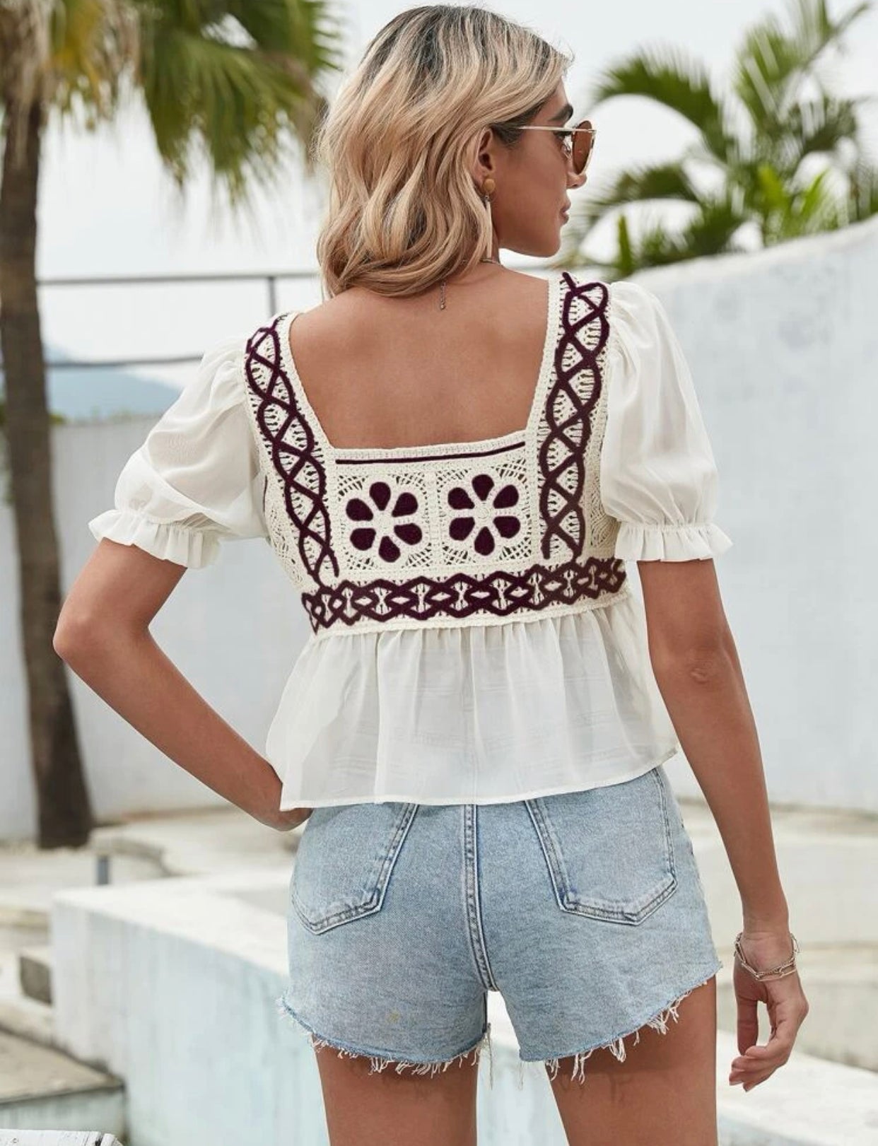 Crochet detail flounce sleeve peplum top