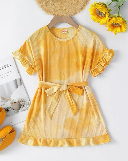 Toddler Girls Tie Dye Rib Knit Belted Ruffle Hem Dress