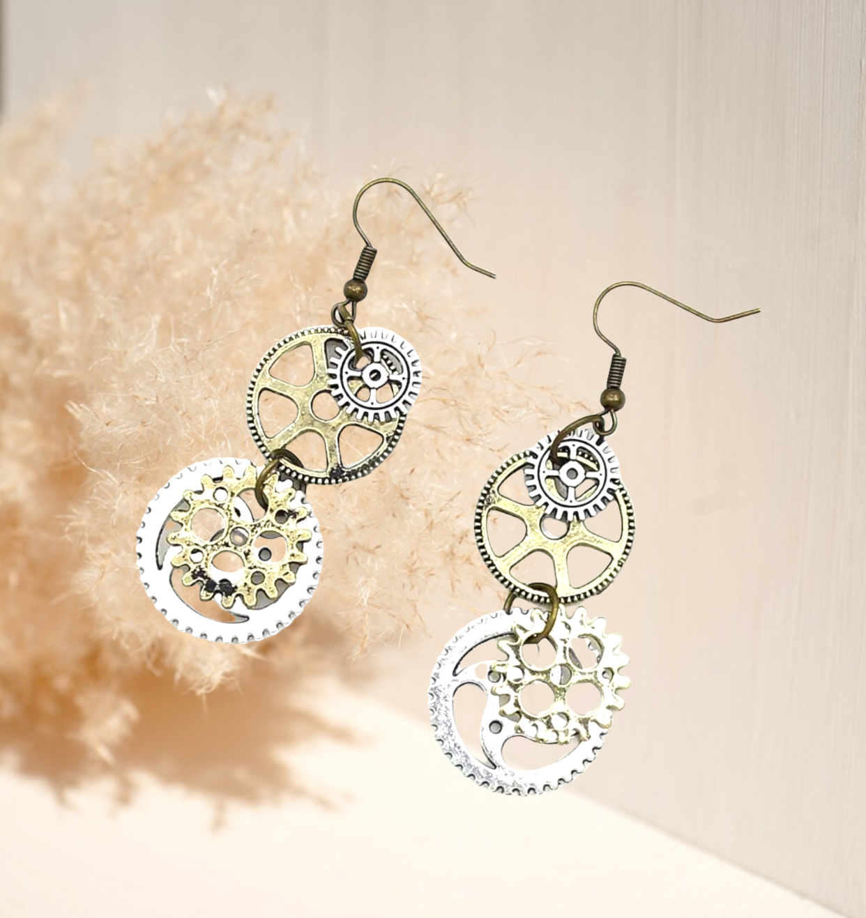 Gear design two tone dangle earrings