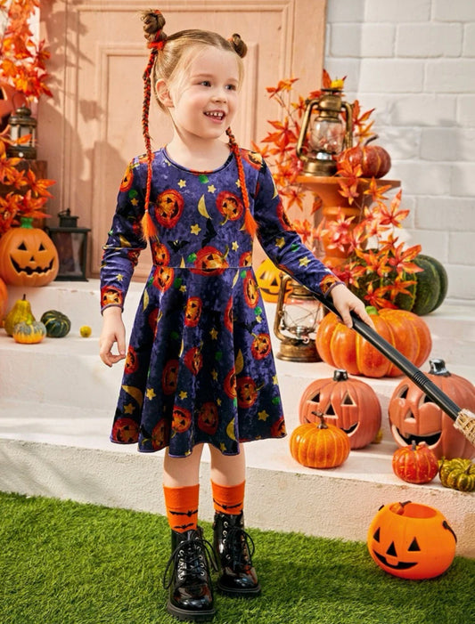 Toddler girls Halloween print velvet dress