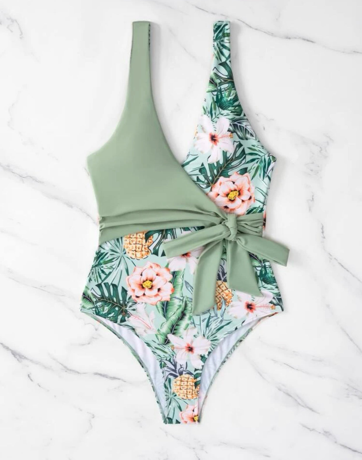 Tropical print knot side belted one piece swimsuit