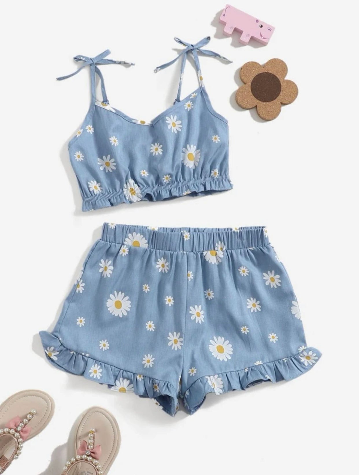 Girls daisy print tie shoulder frill trim cami top & shorts set