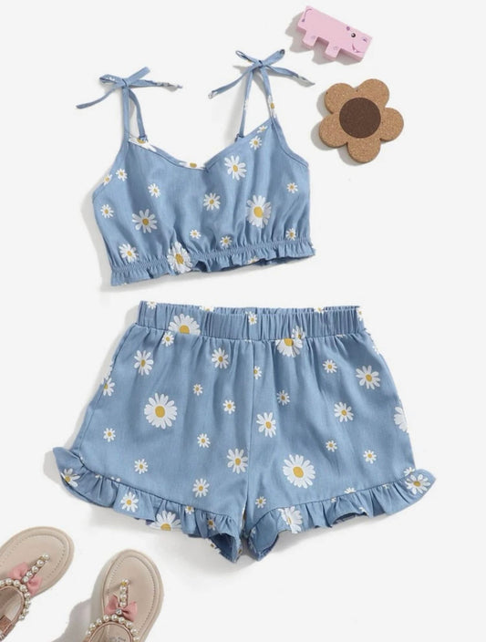Girls daisy print tie shoulder frill trim cami top & shorts set