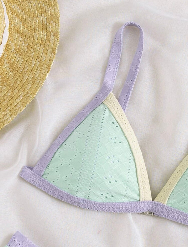 Colorblock eyelet embroidered micro triangle bikini swimsuit