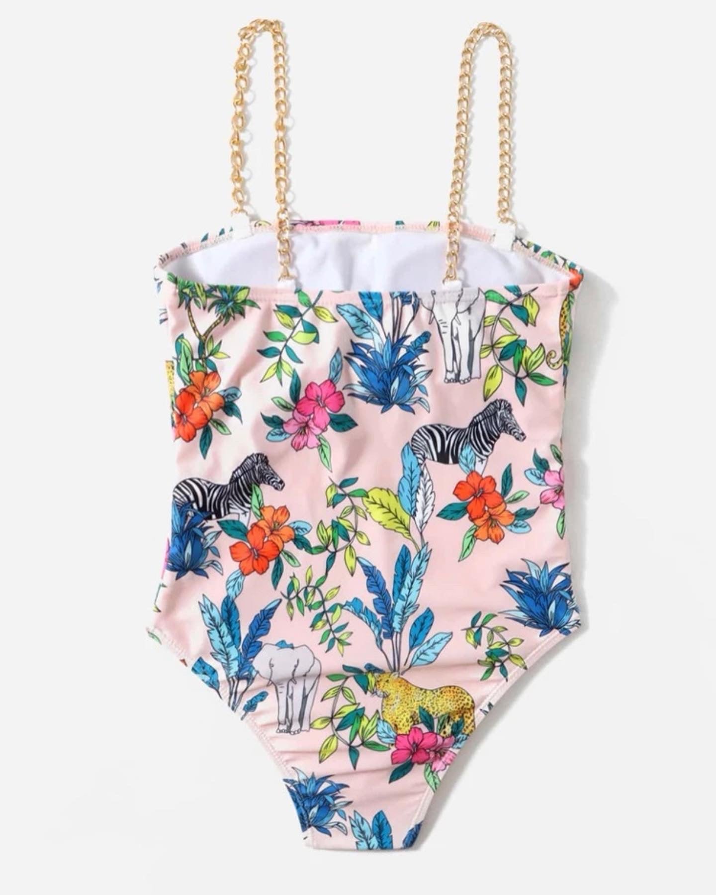 Girls floral print chain linked one piece swimsuit