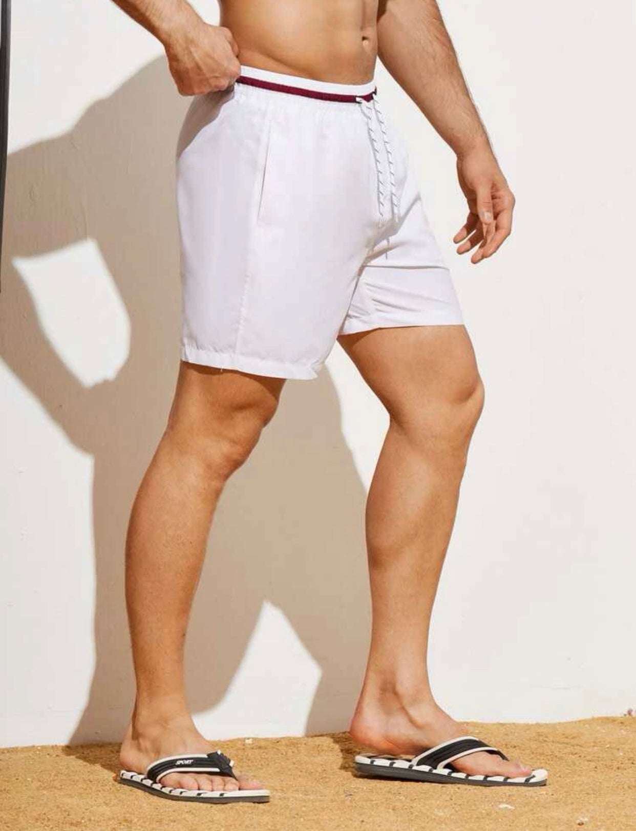 Men’s letter graphic striped trim drawstring waist swim trunks