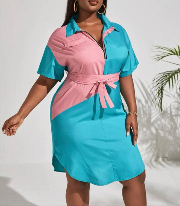 Curve & plus two tone  zip drop shoulder belted dress
