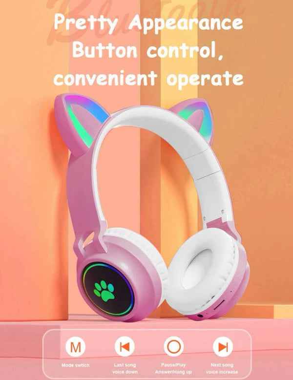 Cat ear design luminous wireless headset compatible with Bluetooth