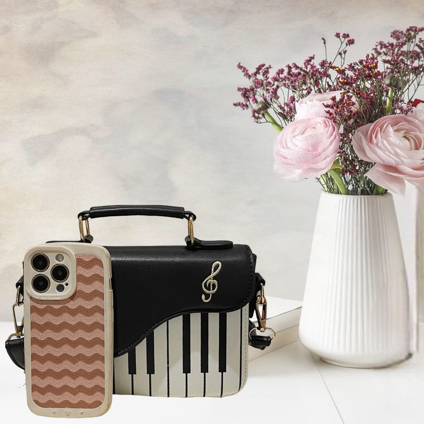 Piano print music note embroidered square bag