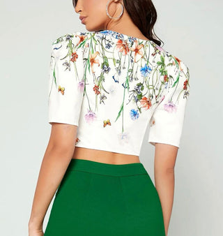 Butterfly & floral print lace up front crop blouse