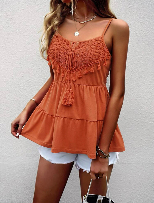 Burnt orange tassel trim contrast lace peplum cami top