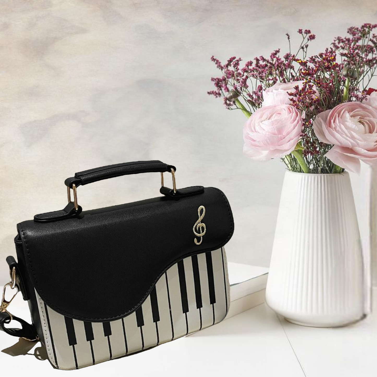 Piano print music note embroidered square bag