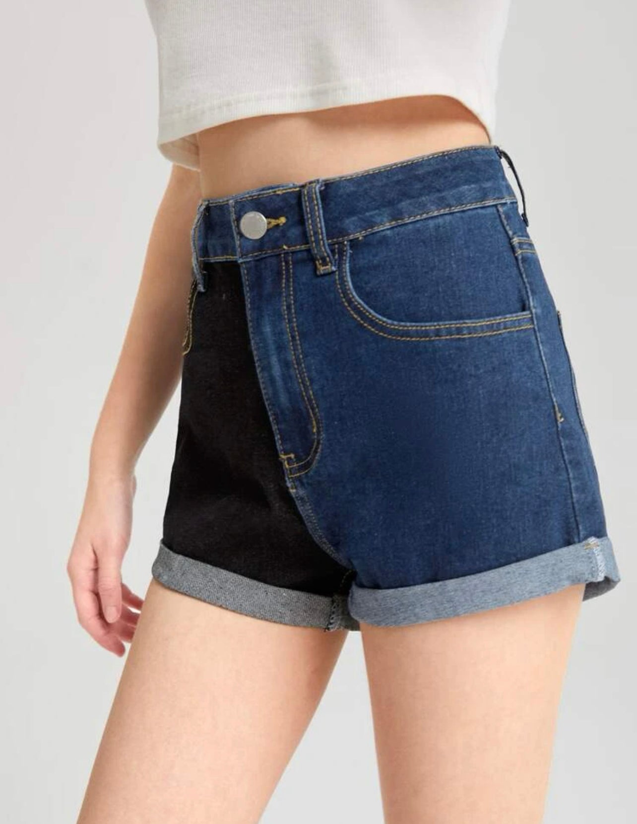 Teen Girls Roll Up Hem Colorblock Denim Shorts