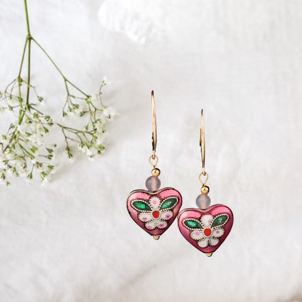 Pink heart flower cloisonne earrings