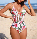 Floral print mesh panel one piece swimsuit