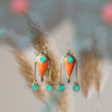 Turquoise and coral abstract decor Tibetan silver design dangle earrings