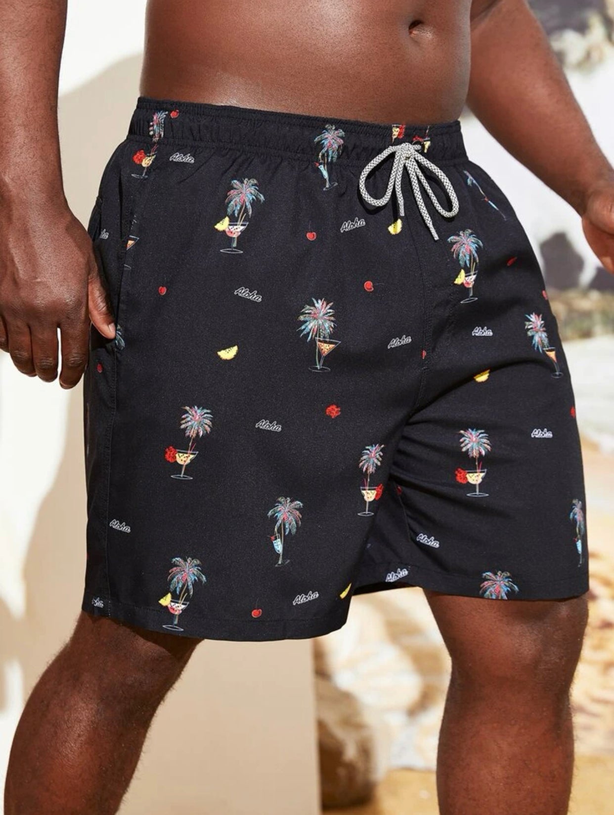 Men’s extended size random print palm tree & letter graphic drawstring waist swim trunks