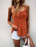 Burnt orange tassel trim contrast lace peplum cami top