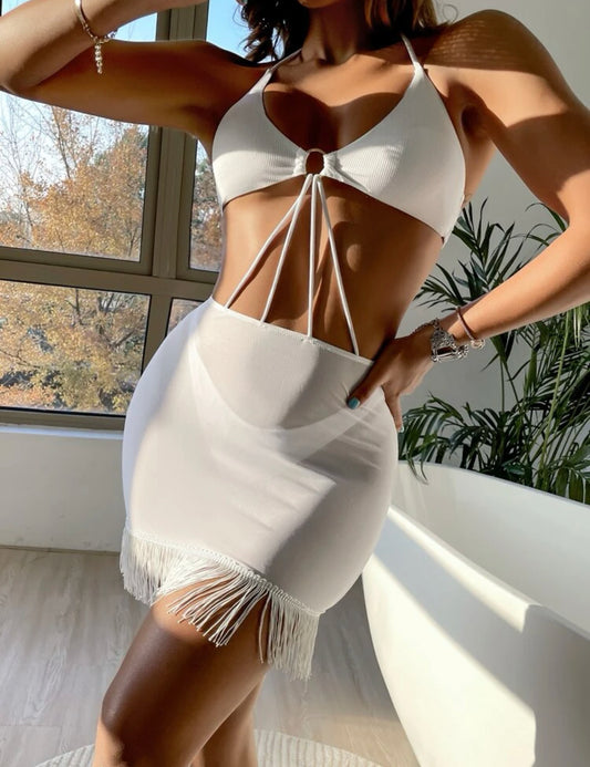 Ring linked contrast mesh cover up top with bikini bottom