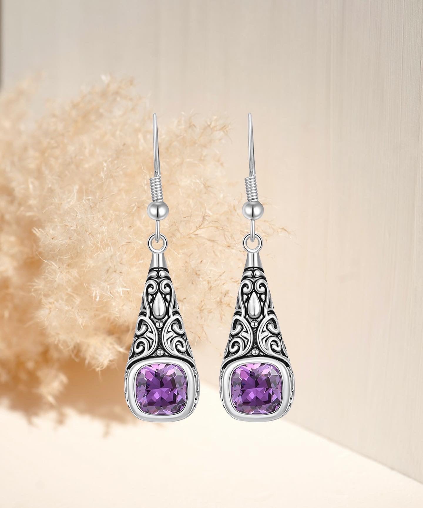 Princess cut purple CZ dangle earrings
