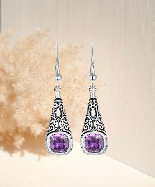 Princess cut purple CZ dangle earrings