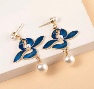 Blue enamel flower pearl gold plated dangle earrings