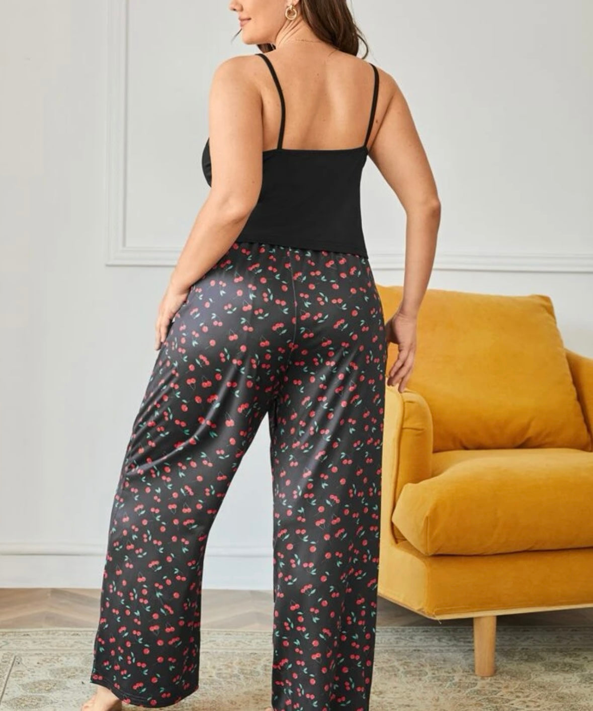 Plus letter graphic cami top & cherry print pants PJ set