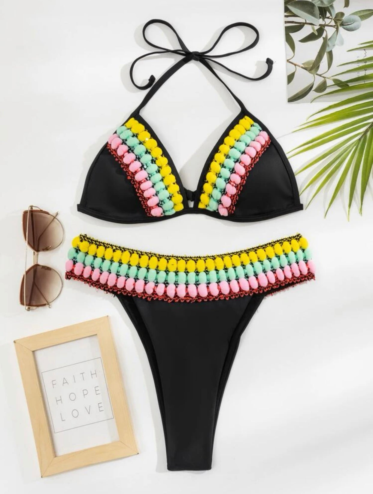 Colorful Pom-Pom decor halter bikini swimsuit