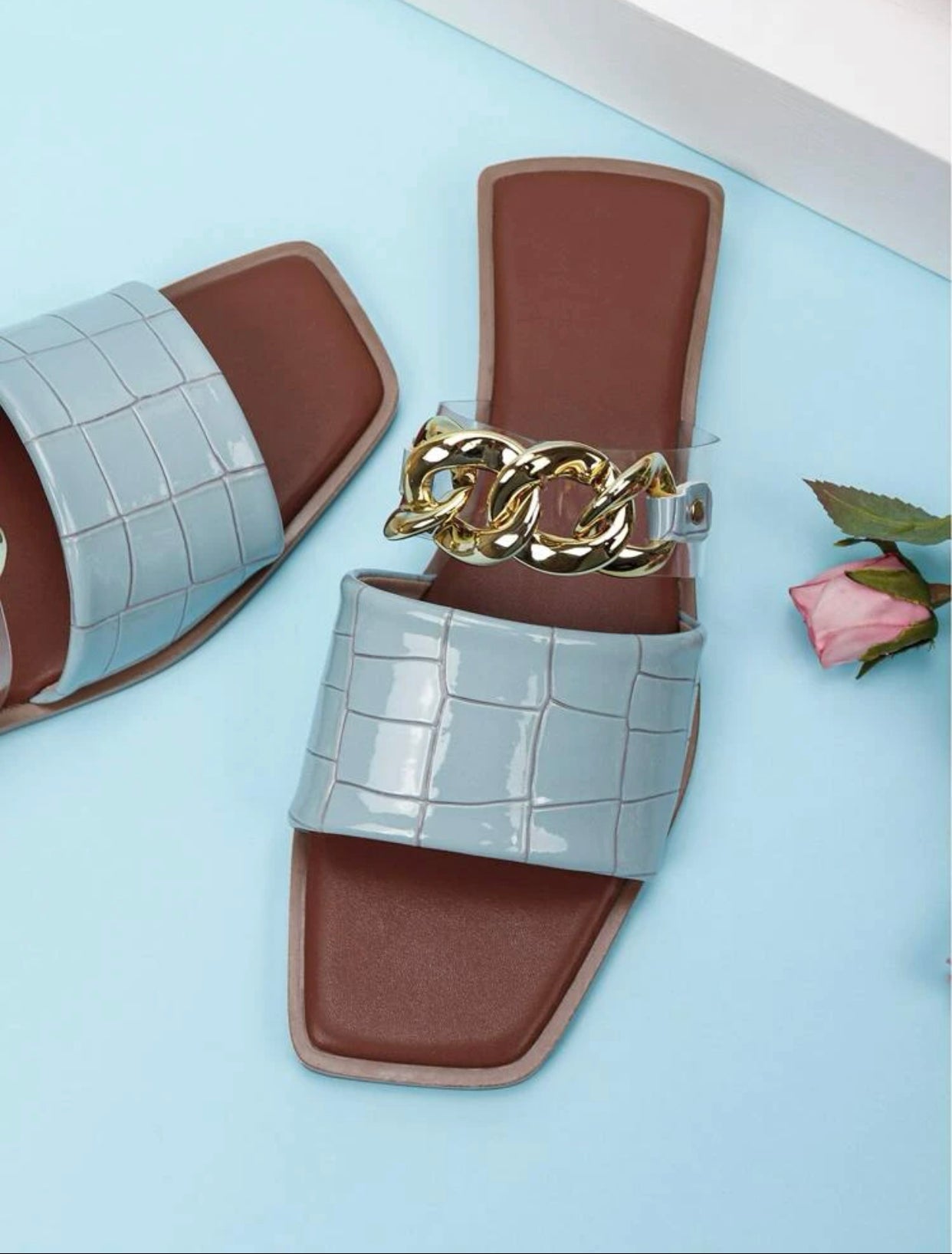 Croc embossed chain decor slide sandals