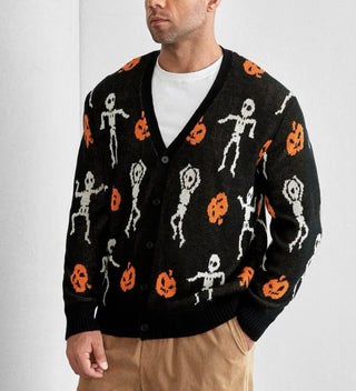 Men’s extended size Halloween Pumpkin & Skeleton Pattern Cardigan