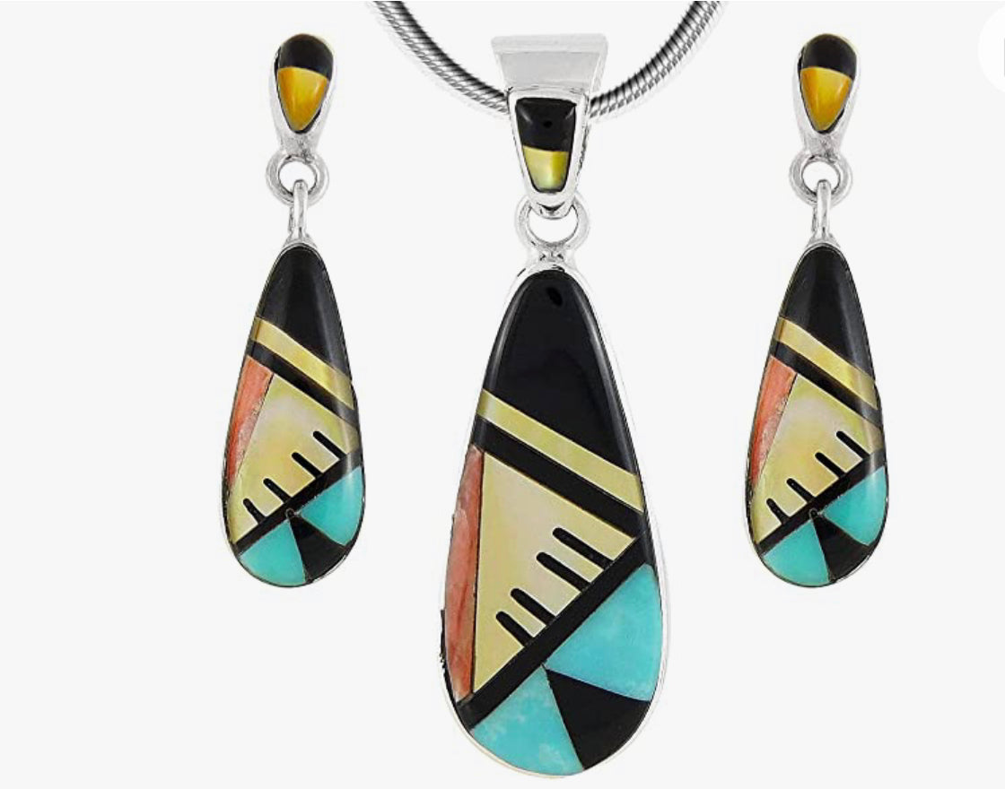 Matching Turquoise & Gemstones Set 925 Sterling Silver (Pendant, Earrings, Necklace 20")