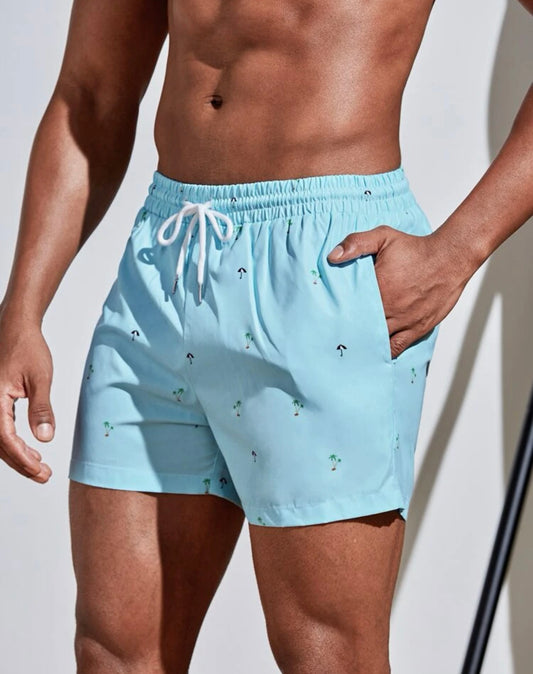 Men’s random umbrella & coconut tree print drawstring waist swim trunks