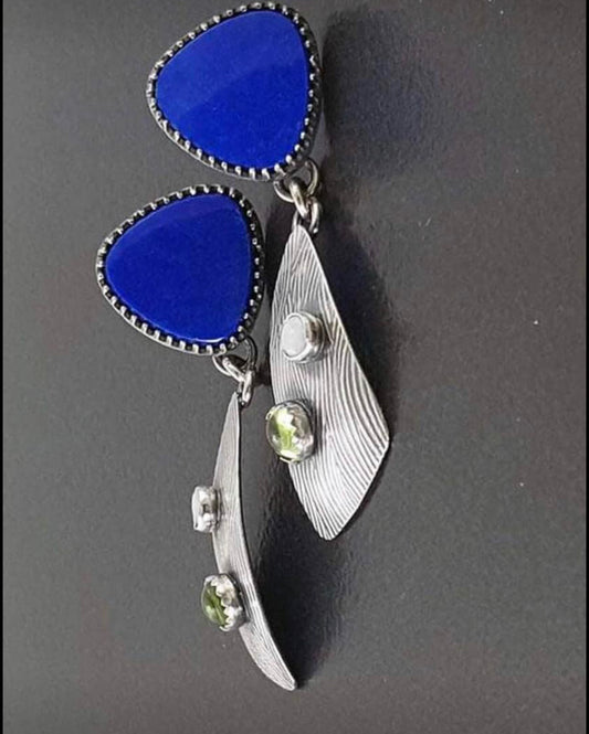 Unique blue abstract design peridot and Pearl dangle earrings - Christina’s unique boutique LLC