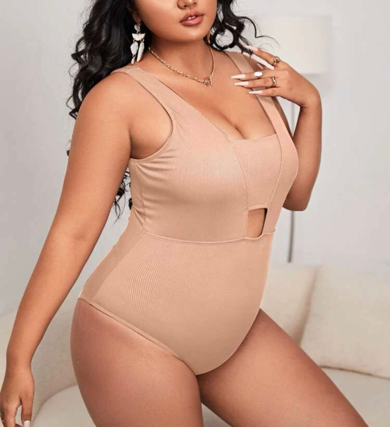 Plus Plain Rib Cut-out One Piece Swimsuit