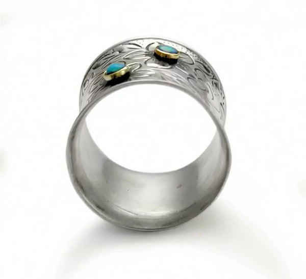 Vintage Sliver Color blue Opal style Petal Pattern Rings