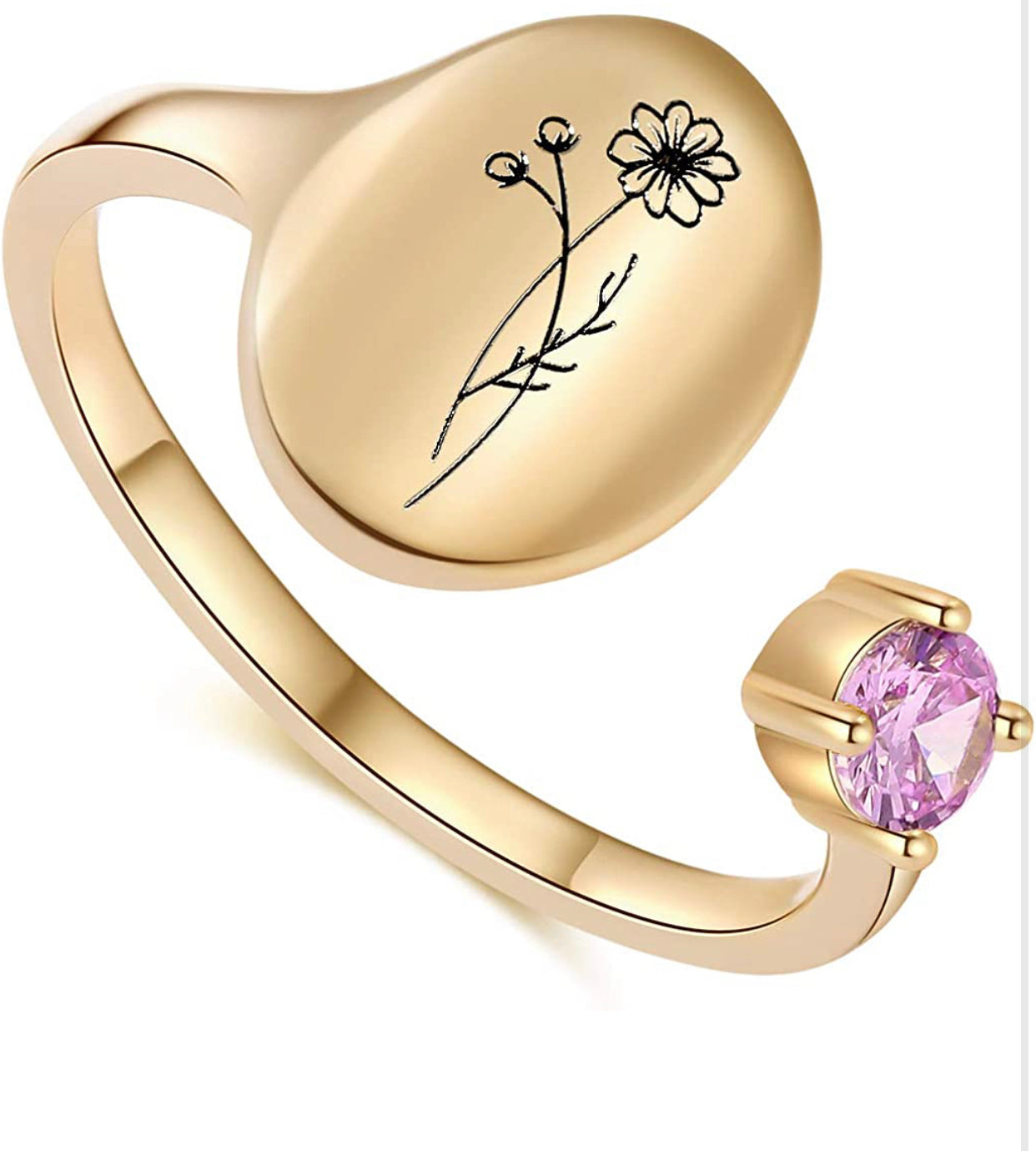 Handmade Birth Month Flower Signet 14K Gold Plated Ring Birth Stone Ring