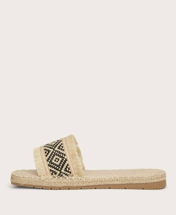 Geo graphic fringe detail slide sandals