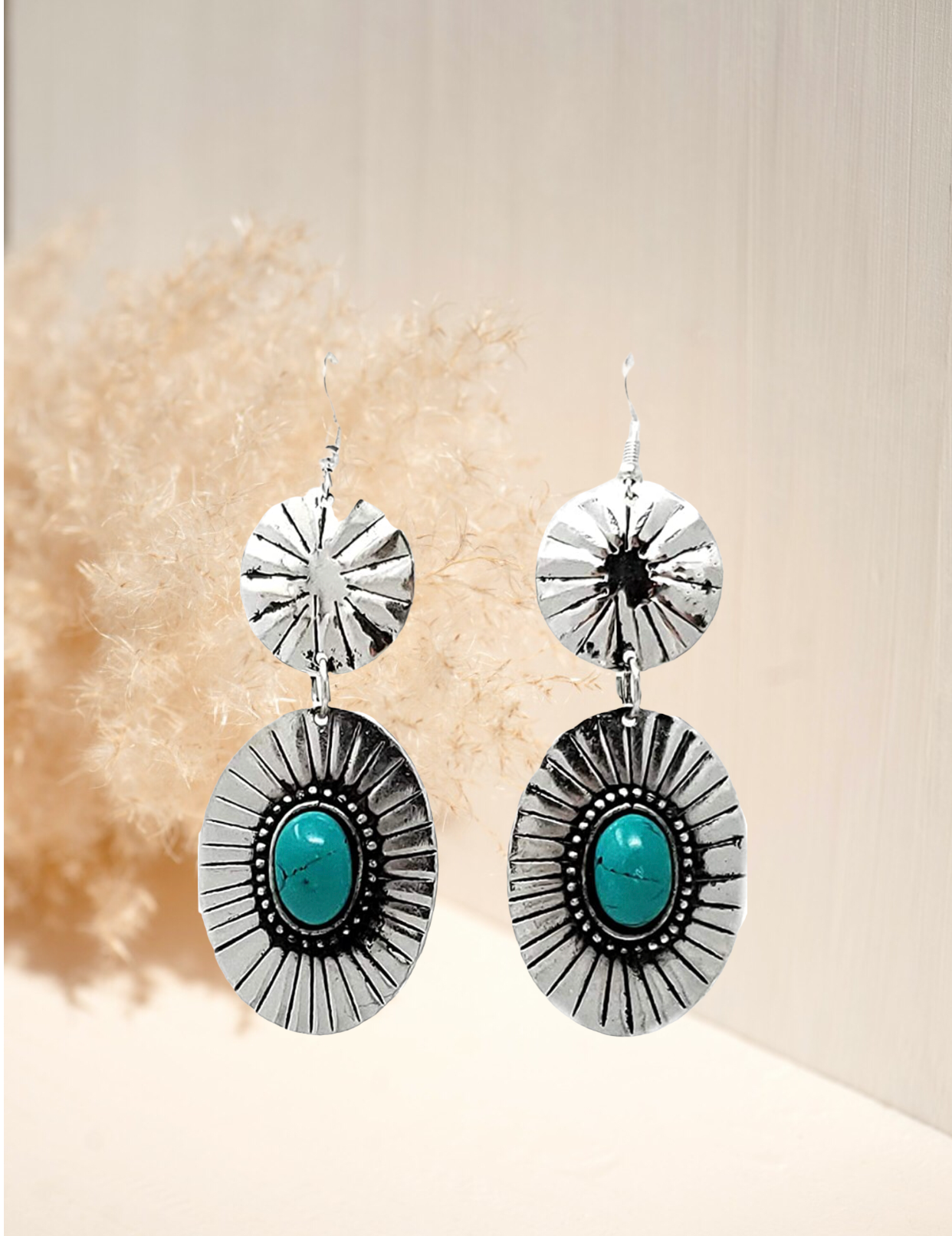 Western Turquoise Handmade Concho Dangling Fish Hook Earrings Boho