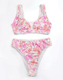 Pink & peach allover print contrast lace bikini swimsuit
