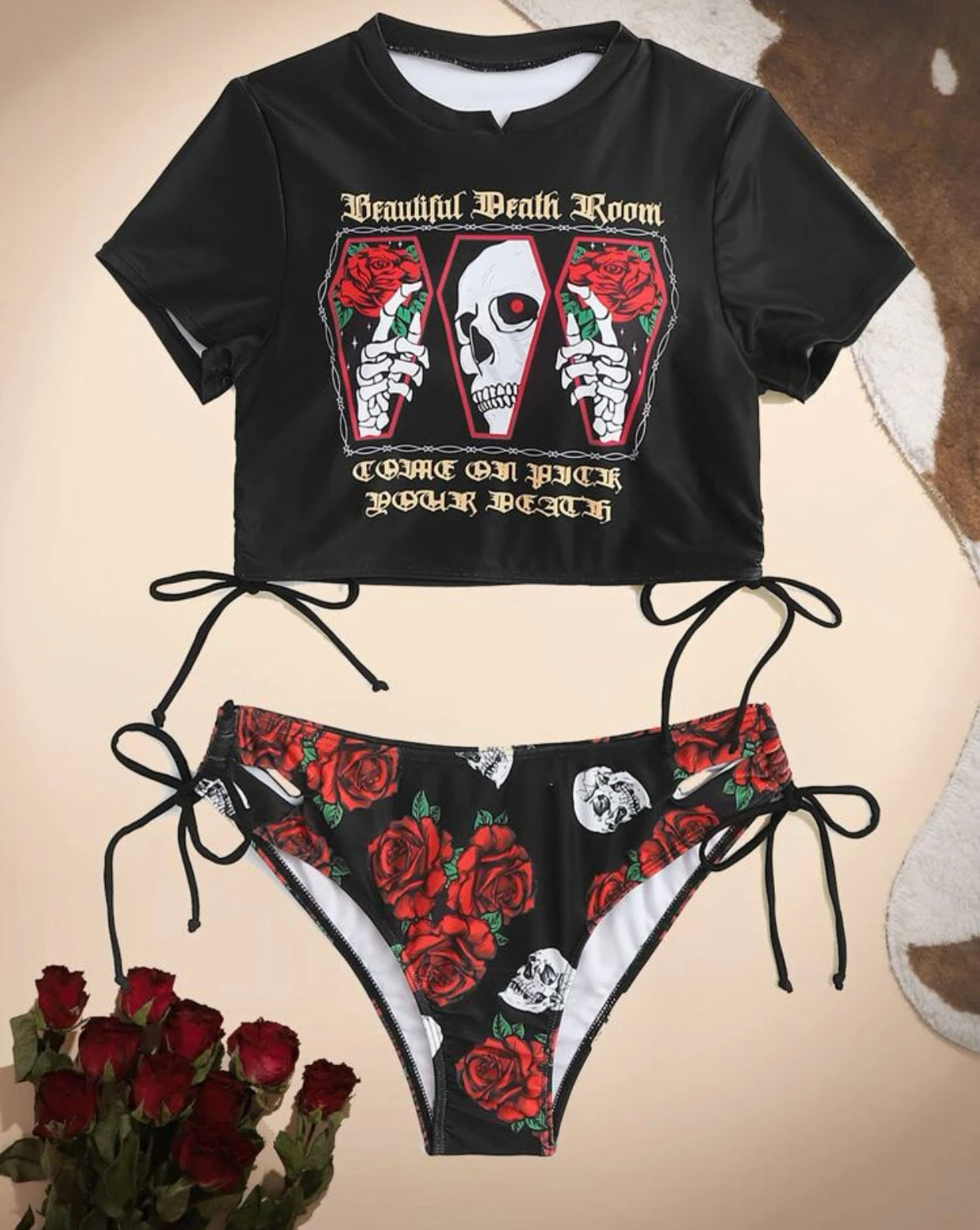 Goth skeleton graphic bikini swimsuit