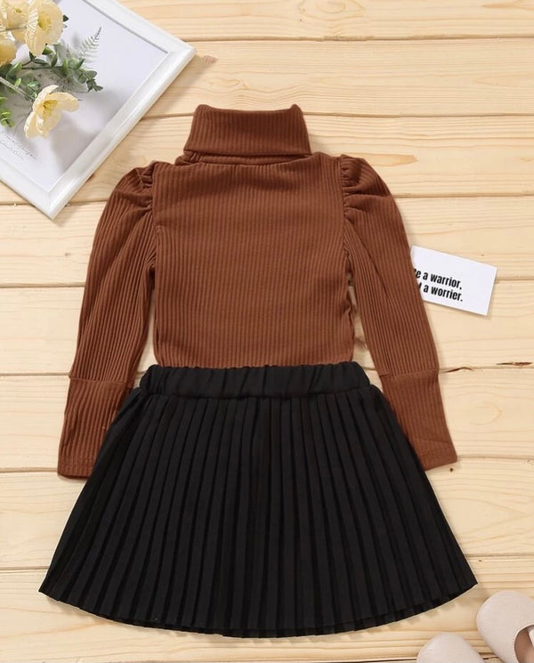 Toddler girls turtleneck ribbed knit gigot sleeve top & pleated skirt