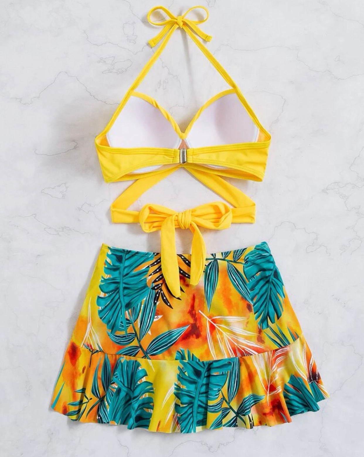 Plant print wrap halter skort bikini swimsuit