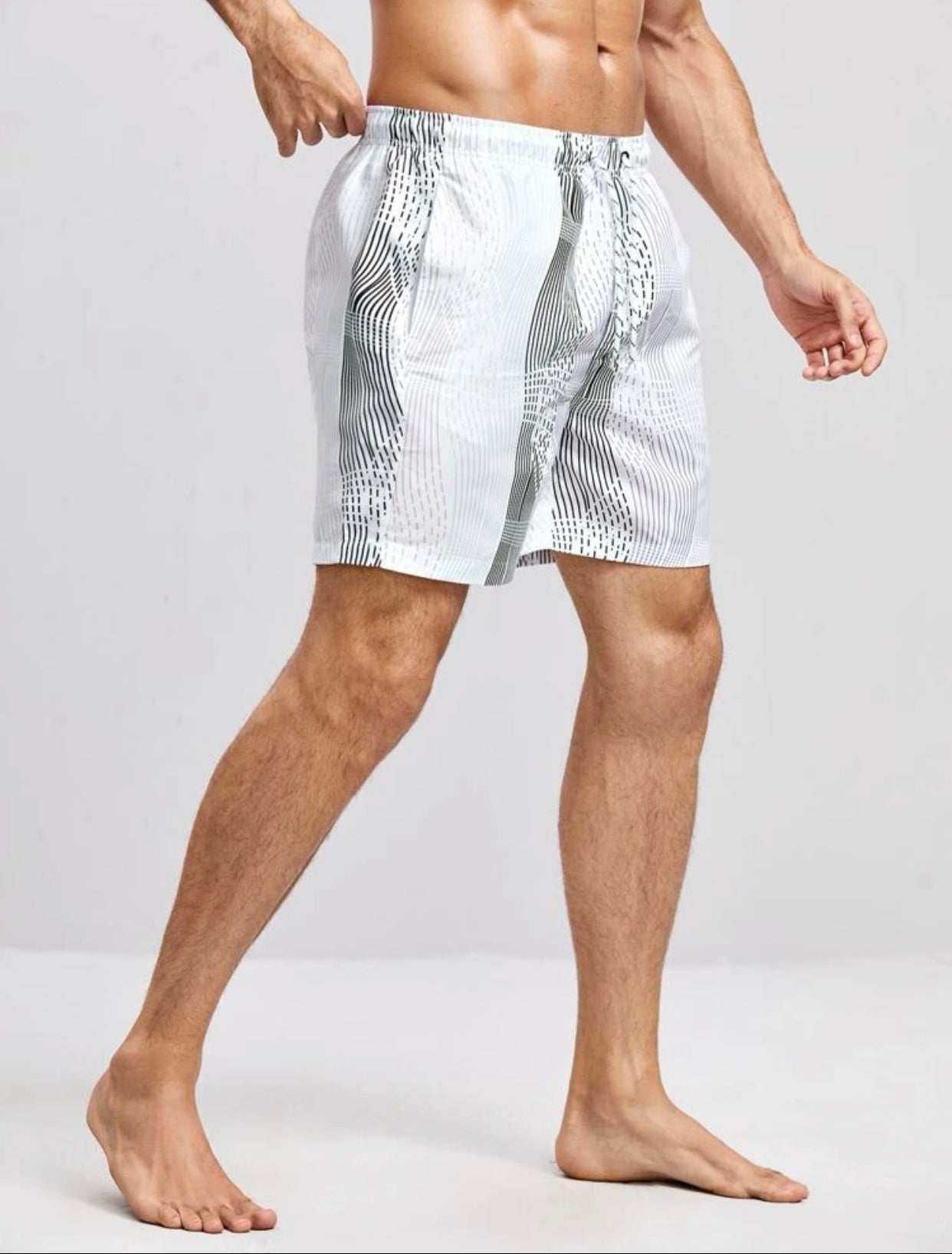 Men’s striped print drawstring waist swim trunks