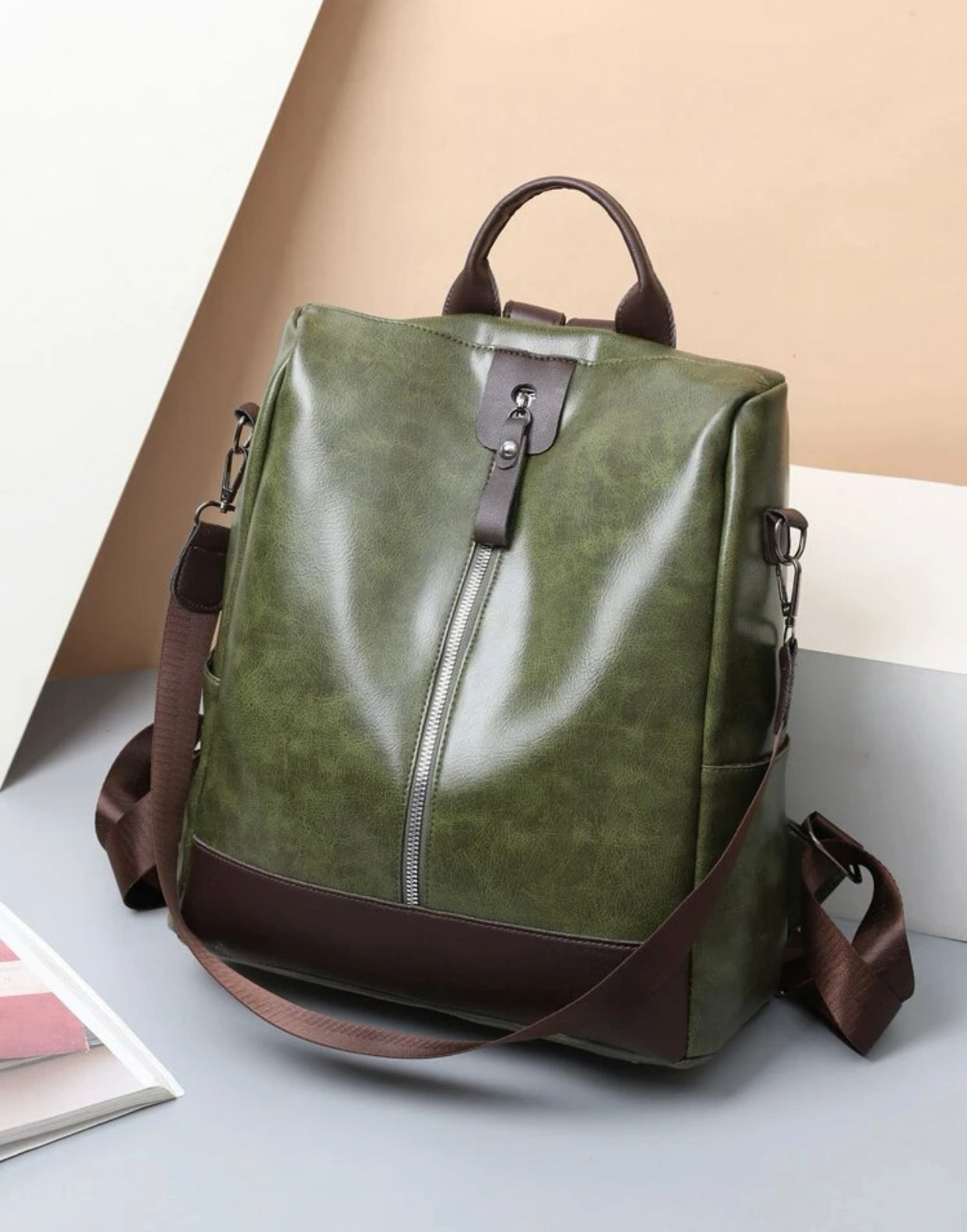 Green color block zipper front functional backpack