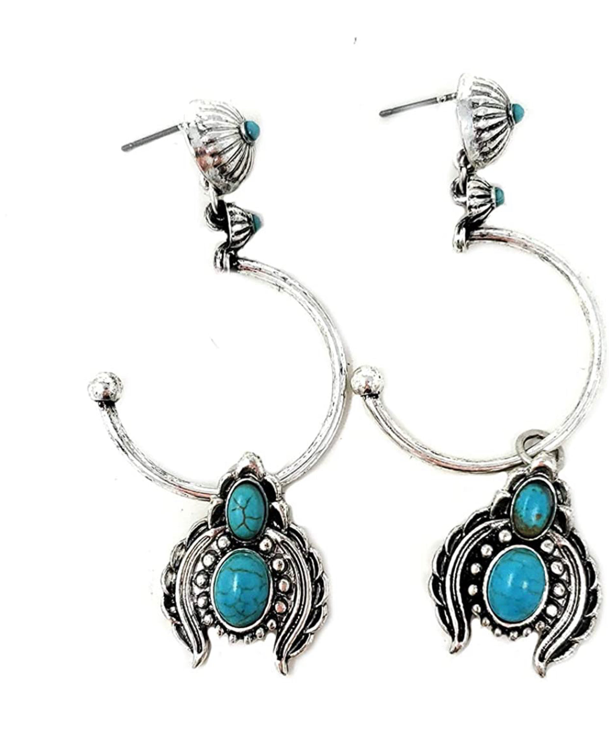 Western Turquoise Squash Blossom Dangling post Earrings Navajo - Christina’s unique boutique LLC