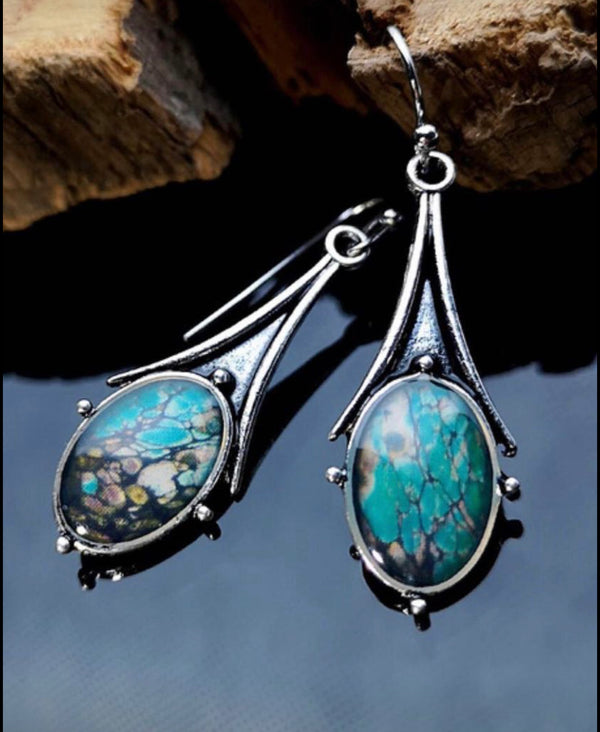 Marble decor  fire labradorite inspired silver tear drop shaped dangle earrings