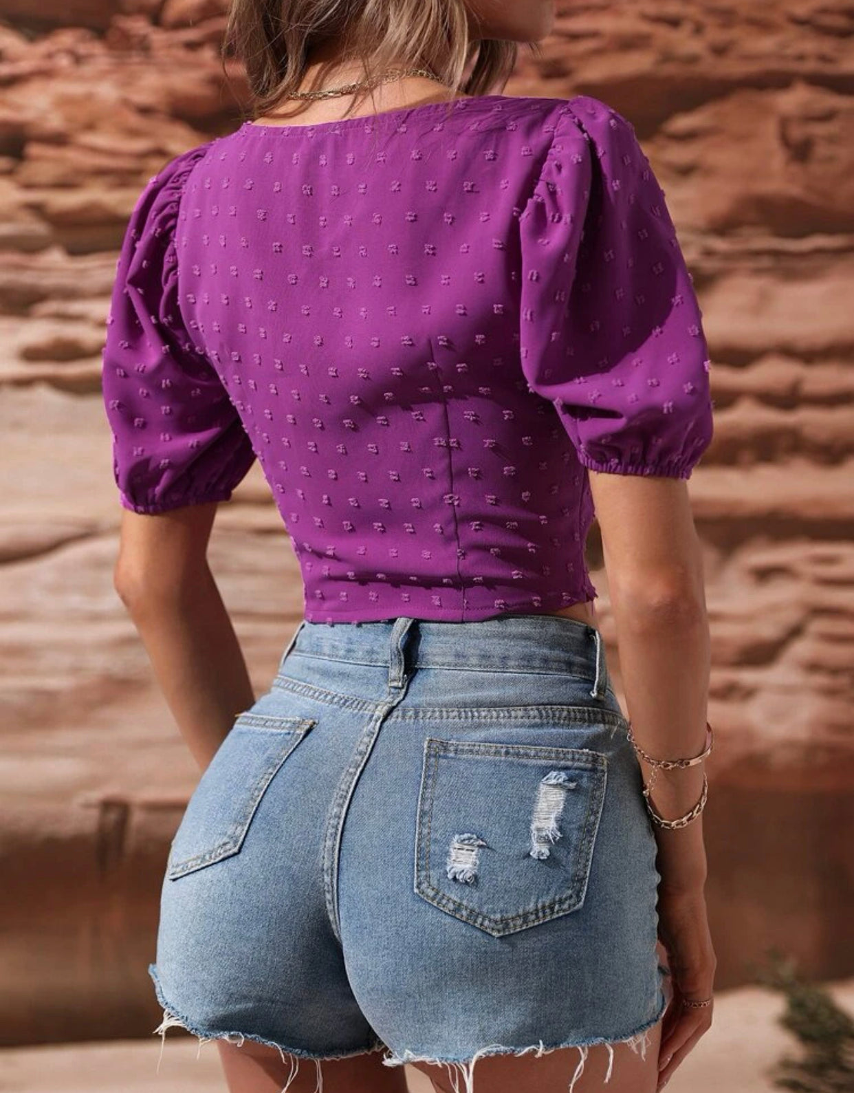 Swiss dot sweetheart neckline puff sleeve crop top