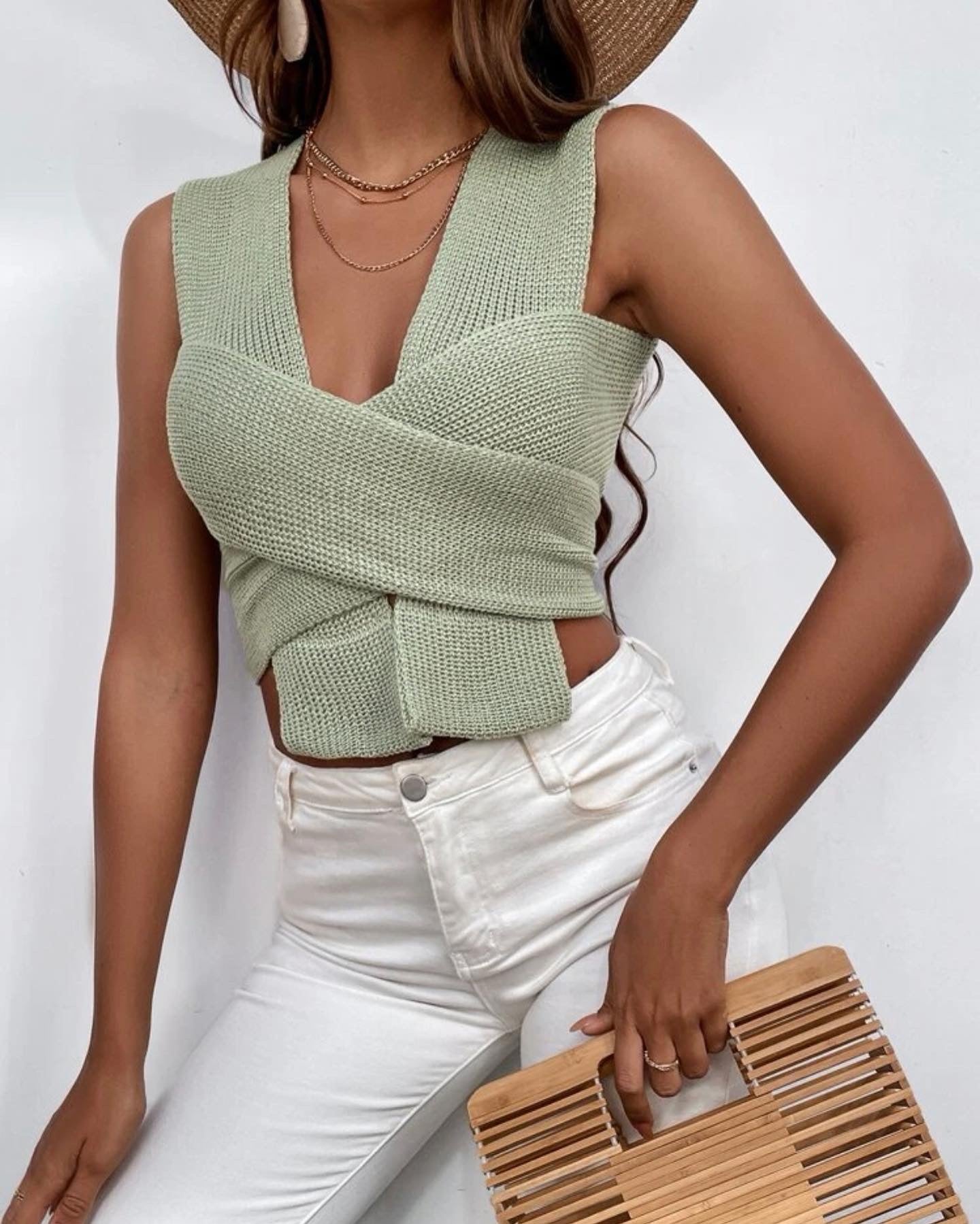Wrap knot back crop knit top